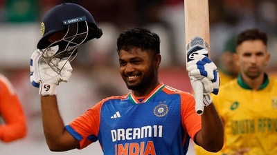 Suryakumar then fell at the end of an extraordinarily long over filled with extras from Patrick Kruger after which Tilak Varma stood with Samson as he raised his century. Samson raced to his century in just 47 balls and his innings included seven fours and a whopping 10 sixes. He had scored 111 in 47 balls in India's last T20I and is thus the first from the country to score centuries in consecutive matches in the format. (AFP) Suryakumar then fell at the end of an extraordinarily long over filled with extras from Patrick Kruger after which Tilak Varma stood with Samson as he raised his century. Samson raced to his century in just 47 balls and his innings included seven fours and a whopping 10 sixes. He had scored 111 in 47 balls in India's last T20I and is thus the first from the country to score centuries in consecutive matches in the format. (AFP)