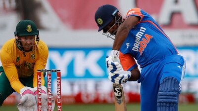 India's Sanju Samson plays a shot as South Africa's Heinrich Klaasen keeps wicket. (Photo by PHILL MAGAKOE / AFP) (AFP) India's Sanju Samson plays a shot as South Africa's Heinrich Klaasen keeps wicket. (Photo by PHILL MAGAKOE / AFP) (AFP)