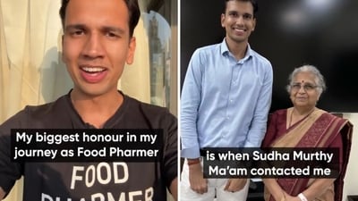 The image shows MP and philanthropist Sudha Murty with Revant Himatsingka, who is popular as Food Pharmer. (X/@foodpharmer2)