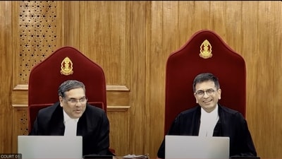 Outgoing CJI DY Chandrachud (right) and CJI-designate Sanjiv Khanna on Friday (Image courtesy: Supreme Court) Outgoing CJI DY Chandrachud (right) and CJI-designate Sanjiv Khanna on Friday (Image courtesy: Supreme Court)