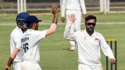 Mumbai bowler Shams Mulani taking a five-wicket haul wicket against Odisha in Ranji Trophy in Mumbai on Friday. (PTI) Mumbai bowler Shams Mulani taking a five-wicket haul wicket against Odisha in Ranji Trophy in Mumbai on Friday. (PTI)