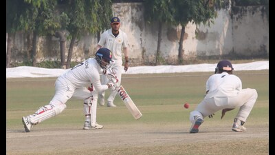 Player of Delhi team playing against Chandigarh team during Ranji Trophy at LIC Ground, Sector 26, Chandigarh on Friday. (Keshav Singh/HT) Player of Delhi team playing against Chandigarh team during Ranji Trophy at LIC Ground, Sector 26, Chandigarh on Friday. (Keshav Singh/HT)
