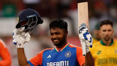 Sanju Samson celebrates his ton in the first T20I against South Africa in Durban on Friday. (AFP) Sanju Samson celebrates his ton in the first T20I against South Africa in Durban on Friday. (AFP)