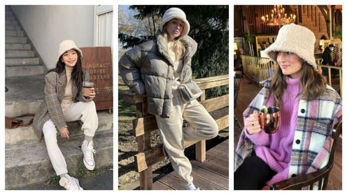 Bucket hat is styled with a more streamlined and sleek layering winterwear outfits. (Pinterest) Bucket hat is styled with a more streamlined and sleek layering winterwear outfits. (Pinterest)