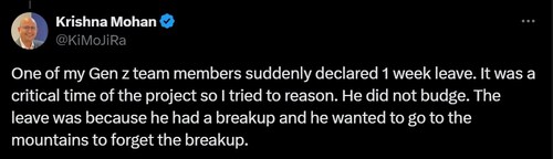 A man's post about his Gen Z colleague has created chatter on X. (X/@KiMoJiRa) A man's post about his Gen Z colleague has created chatter on X. (X/@KiMoJiRa)