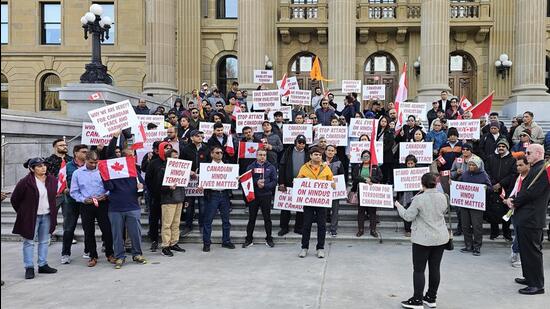 Members of the Indo-Canadian community stage a protest outside the Alberta legislature in Edmonton, Canada, on Thursday