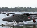 A trial run of seaplane service from Vijayawada to Srisailam at Prakasam Barrage, in Vijayawada on Saturday. 
