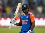 India's batsman Sanju Samson leaves the field after being dismissed by South Africa's bowler Nqabayomzi Peter, for 107 runs during the T20 International cricket match between South Africa and India, at Kingsmead stadium in Durban, South Africa, Friday, Nov. 8, 2024. (AP/PTI)(AP11_08_2024_000358B)