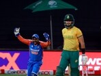 India's Sanju Samson celebrates the wicket of South Africa's Aiden Markram