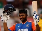 Sanju Samson celebrates his ton.