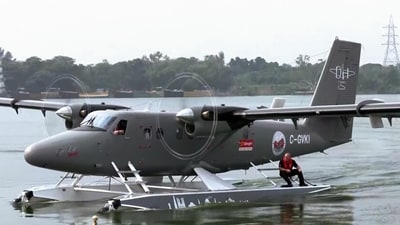 A trial run of seaplane service from Vijayawada to Srisailam at Prakasam Barrage, in Vijayawada on Saturday. (ANI) A trial run of seaplane service from Vijayawada to Srisailam at Prakasam Barrage, in Vijayawada on Saturday. (ANI)