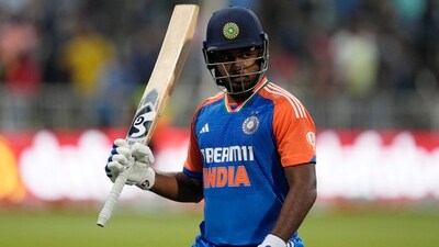 India's batsman Sanju Samson leaves the field after being dismissed by South Africa's bowler Nqabayomzi Peter, for 107 runs during the T20 International cricket match between South Africa and India, at Kingsmead stadium in Durban, South Africa, Friday, Nov. 8, 2024. (AP/PTI)(AP11_08_2024_000358B) (AP) India's batsman Sanju Samson leaves the field after being dismissed by South Africa's bowler Nqabayomzi Peter, for 107 runs during the T20 International cricket match between South Africa and India, at Kingsmead stadium in Durban, South Africa, Friday, Nov. 8, 2024. (AP/PTI)(AP11_08_2024_000358B) (AP)