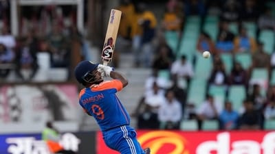 India's batsman Sanju Samson plays a high ball during the T20 International cricket match between South Africa and India. (AP/PTI)(AP11_08_2024_000360B) (AP)