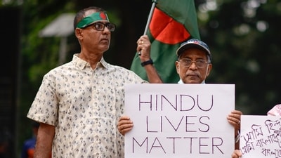 Bangladesh Hindus participate in a protest rally to demand that an interim government withdraw all cases against their leaders and protect them from attacks and harassment in Dhaka on November 2, 2024. (AP) Bangladesh Hindus participate in a protest rally to demand that an interim government withdraw all cases against their leaders and protect them from attacks and harassment in Dhaka on November 2, 2024. (AP)