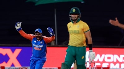 India's Sanju Samson celebrates the wicket of South Africa's Aiden Markram (REUTERS)