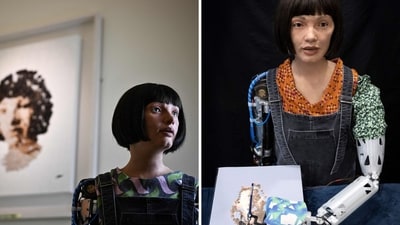 The humanoid robot’s portrait became the most valuable artwork ever sold by a robot. (AFP) The humanoid robot’s portrait became the most valuable artwork ever sold by a robot. (AFP)