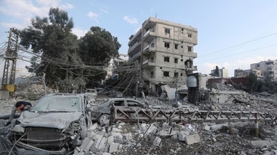 Resident check the site of an Israeli airstrike in Tyre, southern Lebanon, Saturday, Nov. 9, 2024. (AP) Resident check the site of an Israeli airstrike in Tyre, southern Lebanon, Saturday, Nov. 9, 2024. (AP)