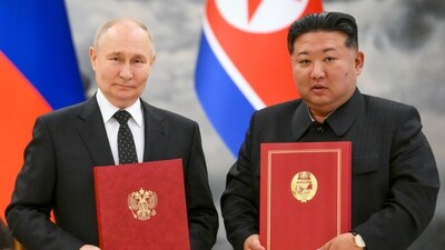 FILE - Russian President Vladimir Putin, left, and North Korea's leader Kim Jong Un pose for a photo during a signing ceremony of the new partnership in Pyongyang, North Korea, on June 19, 2024. (Kristina Kormilitsyna, Sputnik, Kremlin Pool Photo via AP, File) (AP)