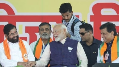 PM Narendra Modi with Maharashtra CM Eknath Shinde and BJP leader Ashok Chavan during a rally in Nanded on Saturday. (PTI) PM Narendra Modi with Maharashtra CM Eknath Shinde and BJP leader Ashok Chavan during a rally in Nanded on Saturday. (PTI)
