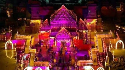 An aerial view of Shri Ram Janmabhoomi Temple during Deepotsav 2024 celebration on the eve of the Diwali festival, in Ayodhya. (PTI)