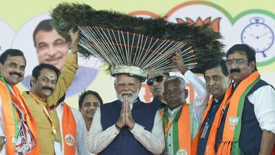 Prime Minister Narendra Modi being felicitated during a public meeting in poll-bound Maharashtra’s Nanded district on Saturday. (PTI) Prime Minister Narendra Modi being felicitated during a public meeting in poll-bound Maharashtra’s Nanded district on Saturday. (PTI)