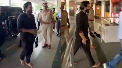 Ram Charan walked barefoot at the airport as he wore an Ayyappa mala. Ram Charan walked barefoot at the airport as he wore an Ayyappa mala.