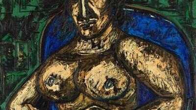 Seated Nude on Blue Armchair by F N Souza Seated Nude on Blue Armchair by F N Souza