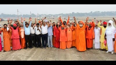 Seers of different Akhadas along with officials on banks of Sangam in Prayagraj city ahead of Mahakumbh-2025 (HT Photo)