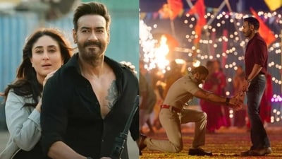 Ajay Devgn, Kareena Kapoor Khan and Ranveer Singh in Singham Again Ajay Devgn, Kareena Kapoor Khan and Ranveer Singh in Singham Again