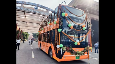 The double-decker electric bus flagged off by chief minister Yogi Adityanath, in Lucknow on Saturday. (ANI) The double-decker electric bus flagged off by chief minister Yogi Adityanath, in Lucknow on Saturday. (ANI)