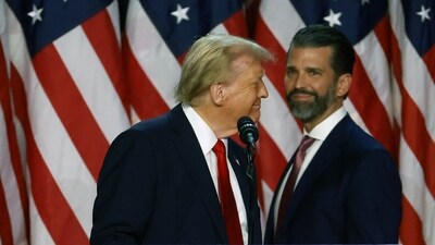 In a controversial Instagram post, Donald Trump Jr. joked about domestic violence while celebrating his father's election victories over Clinton and Harris. (Getty Images via AFP) In a controversial Instagram post, Donald Trump Jr. joked about domestic violence while celebrating his father's election victories over Clinton and Harris. (Getty Images via AFP)