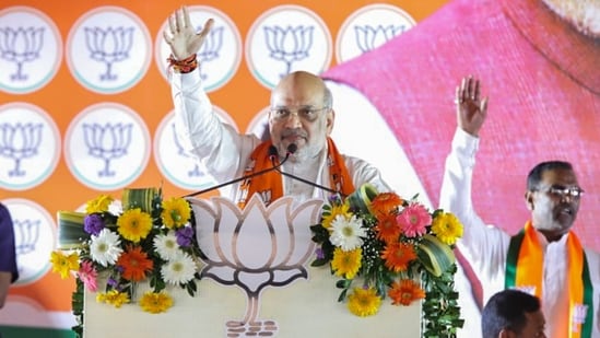 Union Home Minister Amit Shah addresses the joint 'Vijay Sankalp Sabha' of Hazaribagh, Ramgarh and Mandu Assembly Constituencies ahead of the Jharkhand Assembly polls, in Hazaribagh, Jharkhand. (PTI)