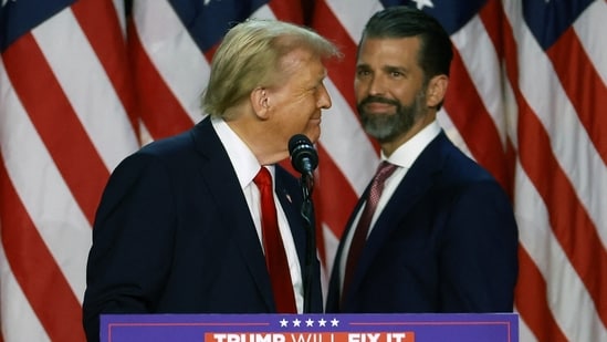 In a controversial Instagram post, Donald Trump Jr. joked about domestic violence while celebrating his father's election victories over Clinton and Harris.
Joe Raedle/Getty Images/AFP (Photo by JOE RAEDLE / GETTY IMAGES NORTH AMERICA / Getty Images via AFP) (Getty Images via AFP)