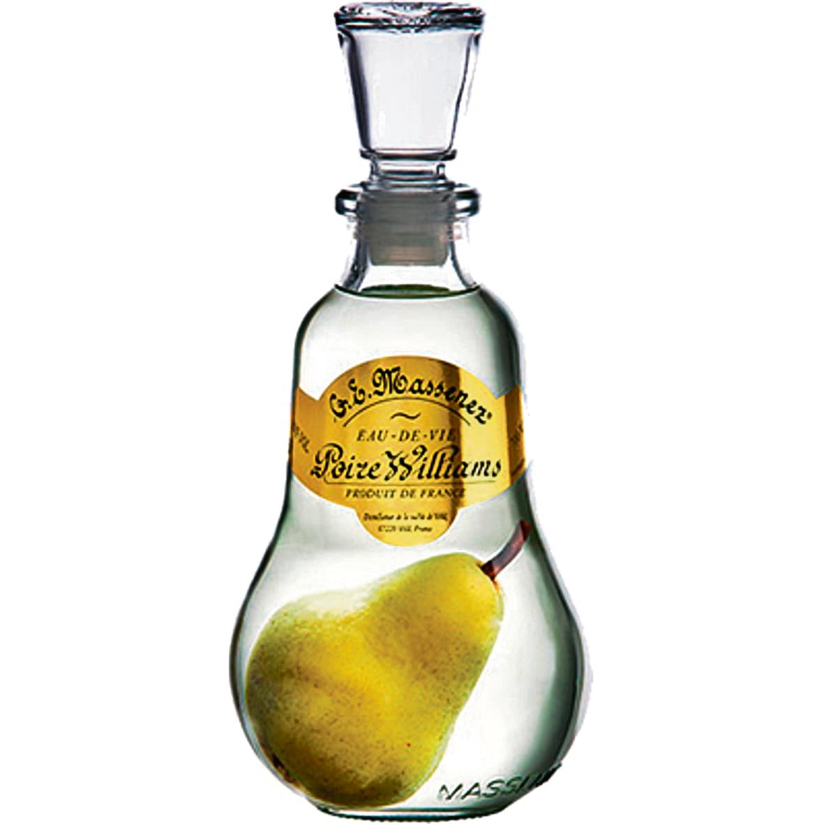 A bottled pear from GE Massenez Eau de Vie Poire Williams. A bottled pear from GE Massenez Eau de Vie Poire Williams.