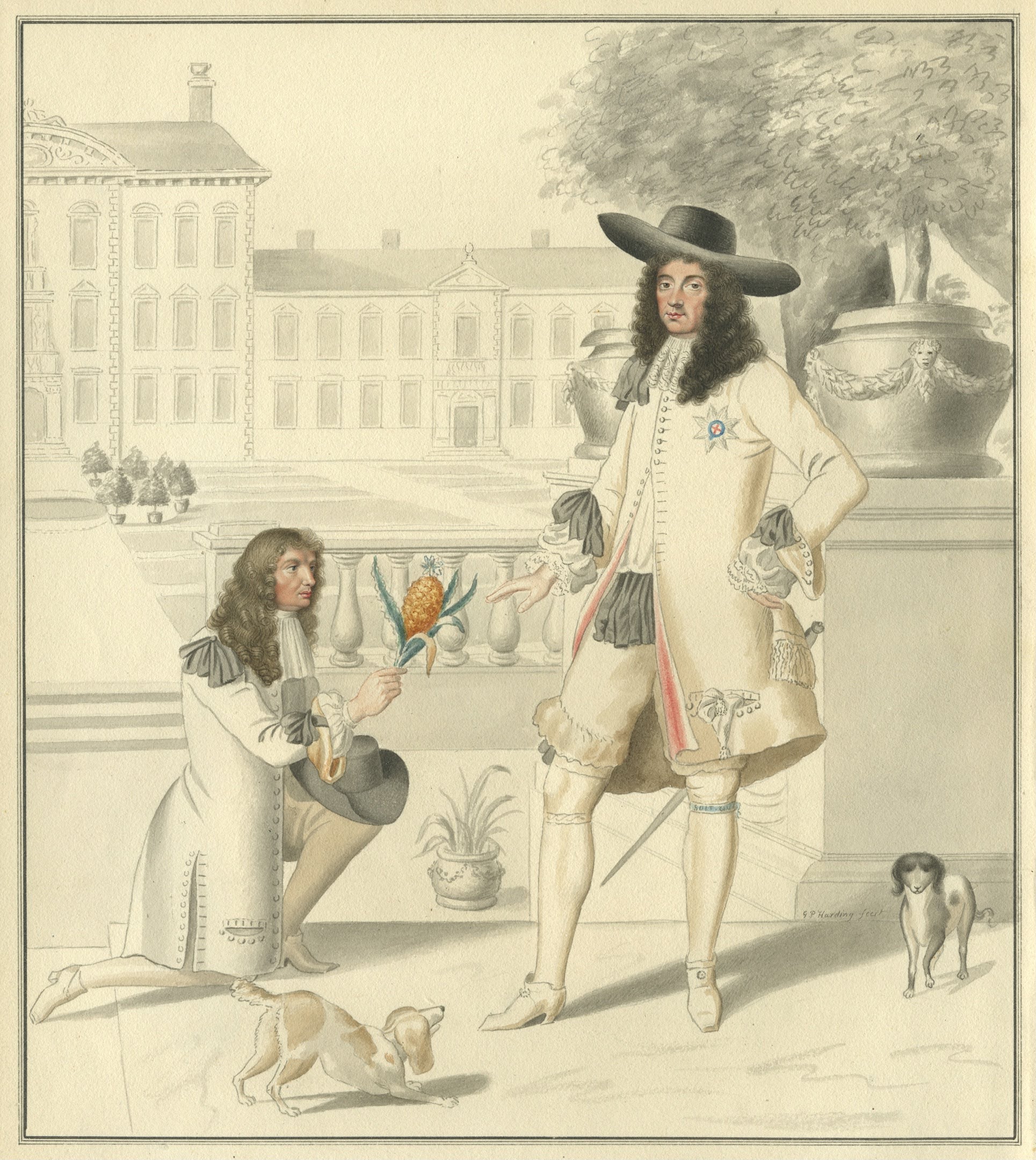 A copy of an original painting from 1677 shows King Charles II being presented with a pineapple by the Royal Gardener, John Rose. (Garden Museum) A copy of an original painting from 1677 shows King Charles II being presented with a pineapple by the Royal Gardener, John Rose. (Garden Museum)