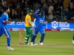 South Africa's David Miller, second left, reacts after he is bowled out by India's Varun Chakravarthy. 2024.AP/PTI(AP11_10_2024_000339B) South Africa's David Miller, second left, reacts after he is bowled out by India's Varun Chakravarthy. 2024.AP/PTI(AP11_10_2024_000339B)