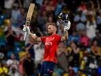 Phil Salt of England celebrates his century. Phil Salt of England celebrates his century.