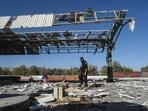A security personnel inspects the blast site at a railway station, a day after an explosion allegedly by Pakistani separatists in Quetta, in Pakistan's Balochistan province, on November 10, 2024. (Photo by Banaras KHAN / AFP)(AFP)
