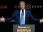 Republican presidential nominee and former U.S. President Donald Trump gestures at the Bitcoin 2024 event in Nashville, Tennessee, U.S. (File image)