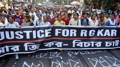 Junior doctors and others take out a protest march demanding justice for the victim of the RG Kar Medical College and Hospital incident, in Kolkata on Saturday. (Utpal Sarkar) Junior doctors and others take out a protest march demanding justice for the victim of the RG Kar Medical College and Hospital incident, in Kolkata on Saturday. (Utpal Sarkar)