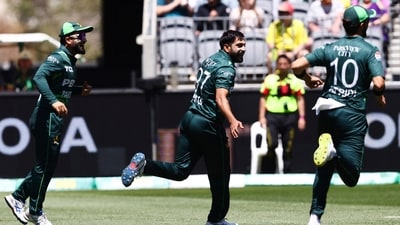 Pakistan's Haris Rauf, center, celebrates the wicket of Australia's Glenn Maxwell during their one day international cricket match in Perth, Australia, Sunday, Nov. 10, 2024. (AP) Pakistan's Haris Rauf, center, celebrates the wicket of Australia's Glenn Maxwell during their one day international cricket match in Perth, Australia, Sunday, Nov. 10, 2024. (AP)