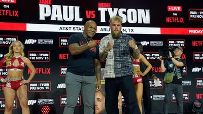 Former US heavyweight boxing champion Mike Tyson and US YouTuber and boxer Jake Paul face off during a press conference. (AFP) Former US heavyweight boxing champion Mike Tyson and US YouTuber and boxer Jake Paul face off during a press conference. (AFP)