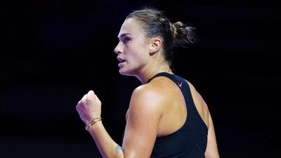 Belarus' Aryna Sabalenka reacts after winning a point against US' Coco Gauff during the WTA Finals Championship in Riyadh. (AFP) Belarus' Aryna Sabalenka reacts after winning a point against US' Coco Gauff during the WTA Finals Championship in Riyadh. (AFP)