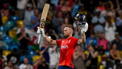 Phil Salt of England celebrates his century. (AFP) Phil Salt of England celebrates his century. (AFP)