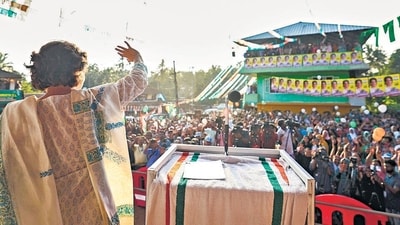 Congress General Secretary Priyanka Gandhi Vadra waves to supporters during a corner meeting at Sultan Bathery area ahead of the Wayanad Lok Sabha bypoll, in Wayanad district, Kerala. (PTI)
