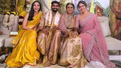 Lavanya Tripathi dressed in a pink and silver saree as she attended the wedding without her husband, Varun Tej, to bless the couple. (Instagram: Lavanya Tripathi) Lavanya Tripathi dressed in a pink and silver saree as she attended the wedding without her husband, Varun Tej, to bless the couple. (Instagram: Lavanya Tripathi)