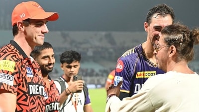 Shah Rukh Khan meeting Mitchell Starc and Pat Cummins after an IPL match. (X Image) Shah Rukh Khan meeting Mitchell Starc and Pat Cummins after an IPL match. (X Image)