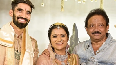 Ram Gopal Varma made a rare social appearance and even posed for a picture with the happy couple at the wedding. (Instagram: RVR Pro) Ram Gopal Varma made a rare social appearance and even posed for a picture with the happy couple at the wedding. (Instagram: RVR Pro)