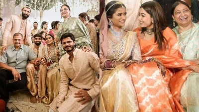 Actors Vijay Deverakonda, Anand Deverakonda and Rashmika Mandanna looked happy to be at their friend Shravya’s wedding. (Instagram: RVR Pro) Actors Vijay Deverakonda, Anand Deverakonda and Rashmika Mandanna looked happy to be at their friend Shravya’s wedding. (Instagram: RVR Pro)