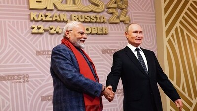 Russian President Vladimir Putin greets Prime Minister Narendra Modi at the BRICS summit in Kazan on October 22. (AFP) Russian President Vladimir Putin greets Prime Minister Narendra Modi at the BRICS summit in Kazan on October 22. (AFP)